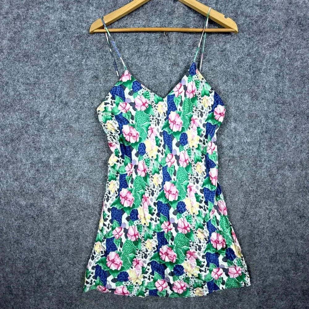 Vintage Victorias Secret Silk Slip Dress Women Medium Green Blue Floral Chemise